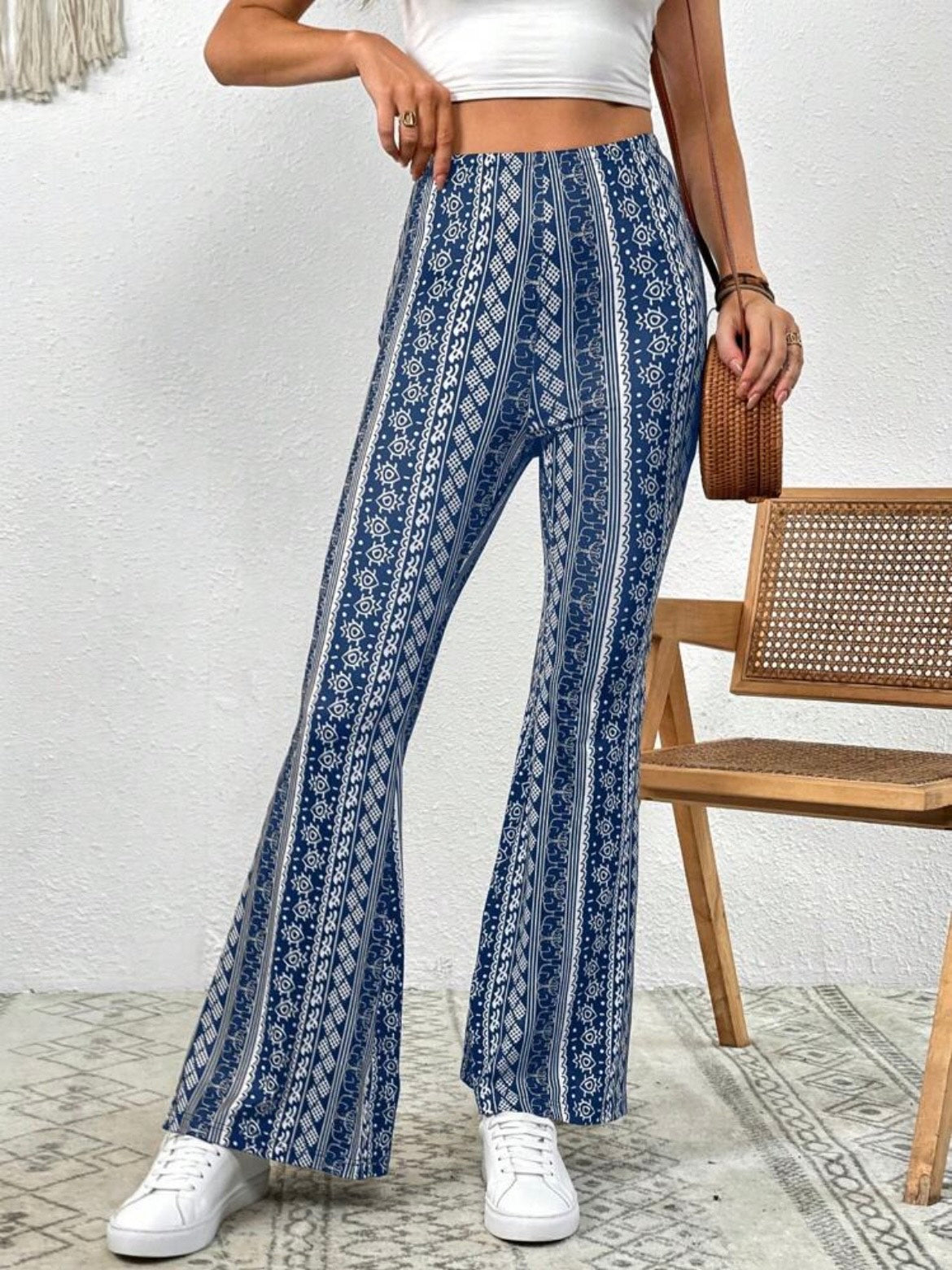 Forbidden Pants with the blue design being showcased from the front.